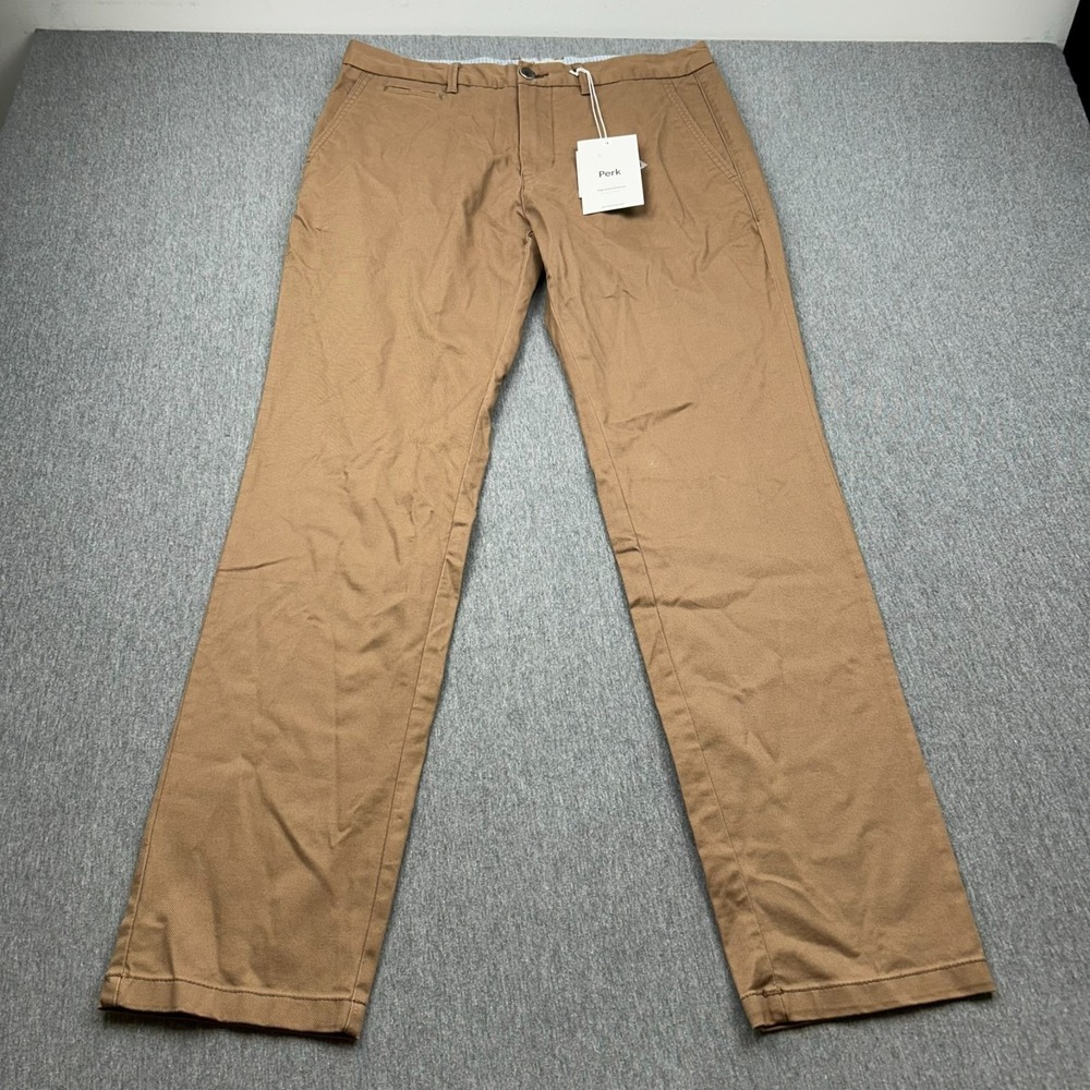 Perk Feel Good Chino Slim Fit Stretch Khaki Pants Mens 33x32 Flat Front NEW